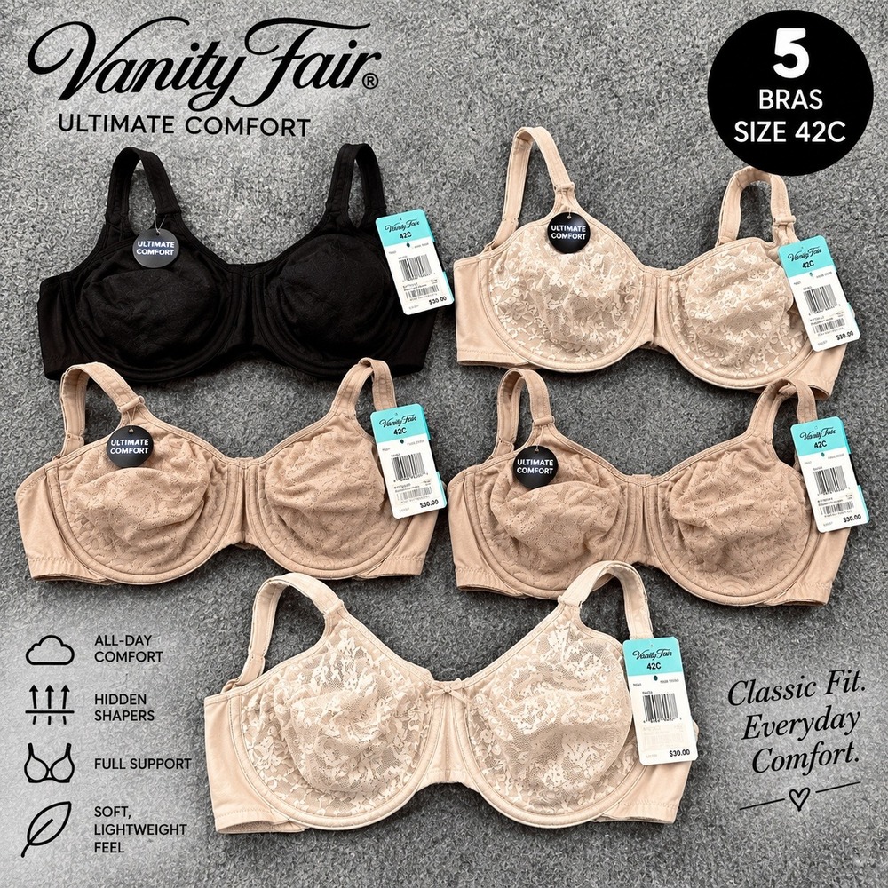 Lot of 5 NWT Vanity Fair Playtex Underwire Bras 42C Lace Comfort Straps